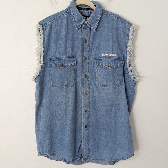 Harley-Davidson Other - Harley Davidson Vintage Denim Sleeveless Shirt Frayed Hem Blue Large L
